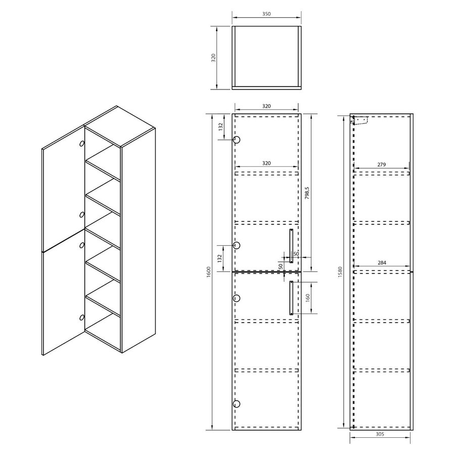 Badkamerkast Differnz Hilde 160x35x32cm Hoogglans Wit