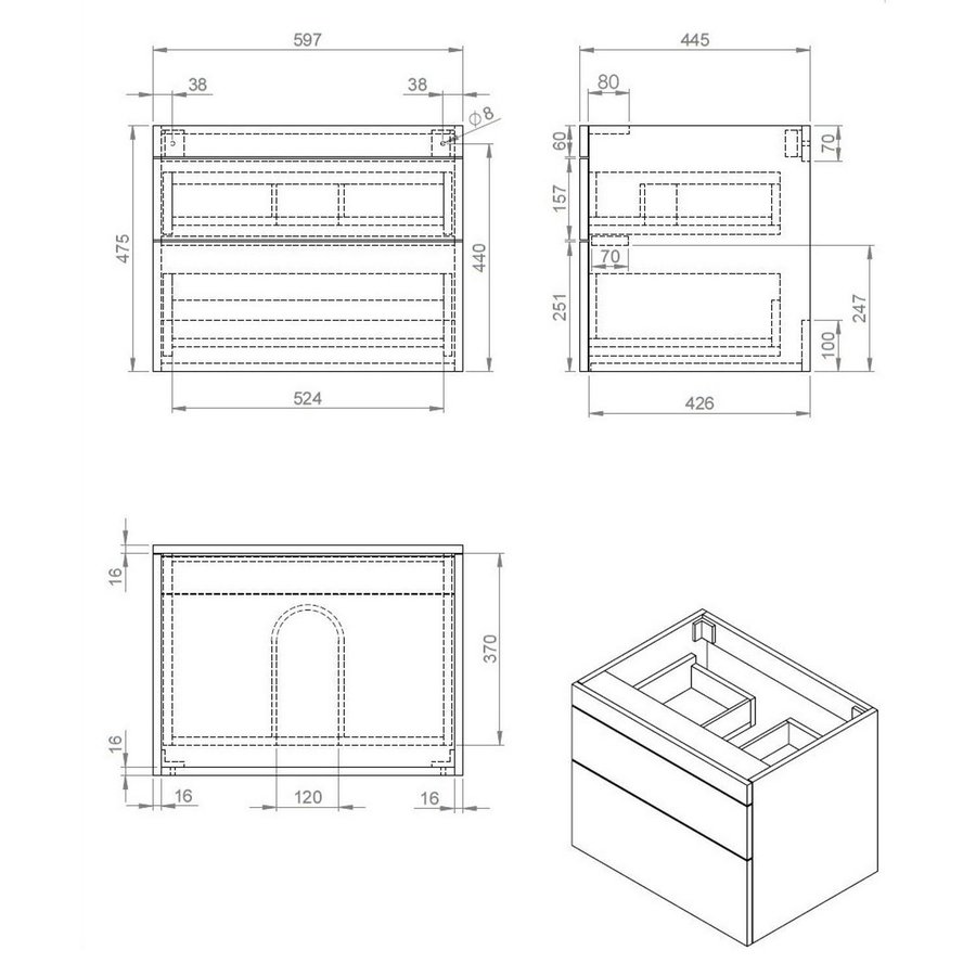Badkamermeubel Best Design Beauty 2 Laden Greeploos 60 cm Eiken Zonder Wastafel