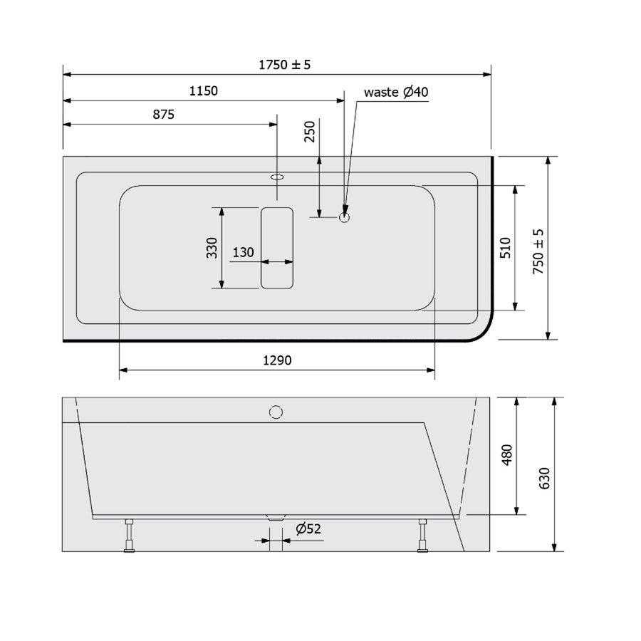 Ligbad Polysan Marlene 175x75x63 cm Asymmetrisch Links Wit