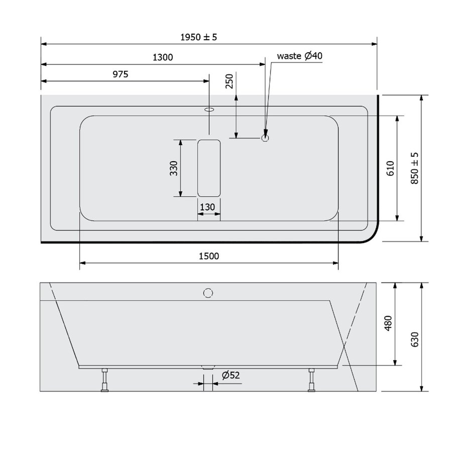 Ligbad Polysan Marlene 195x85x63 cm Asymmetrisch Links Wit