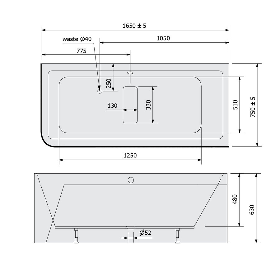 Ligbad Polysan Marlene 165x75x63 cm Asymmetrisch Rechts Wit