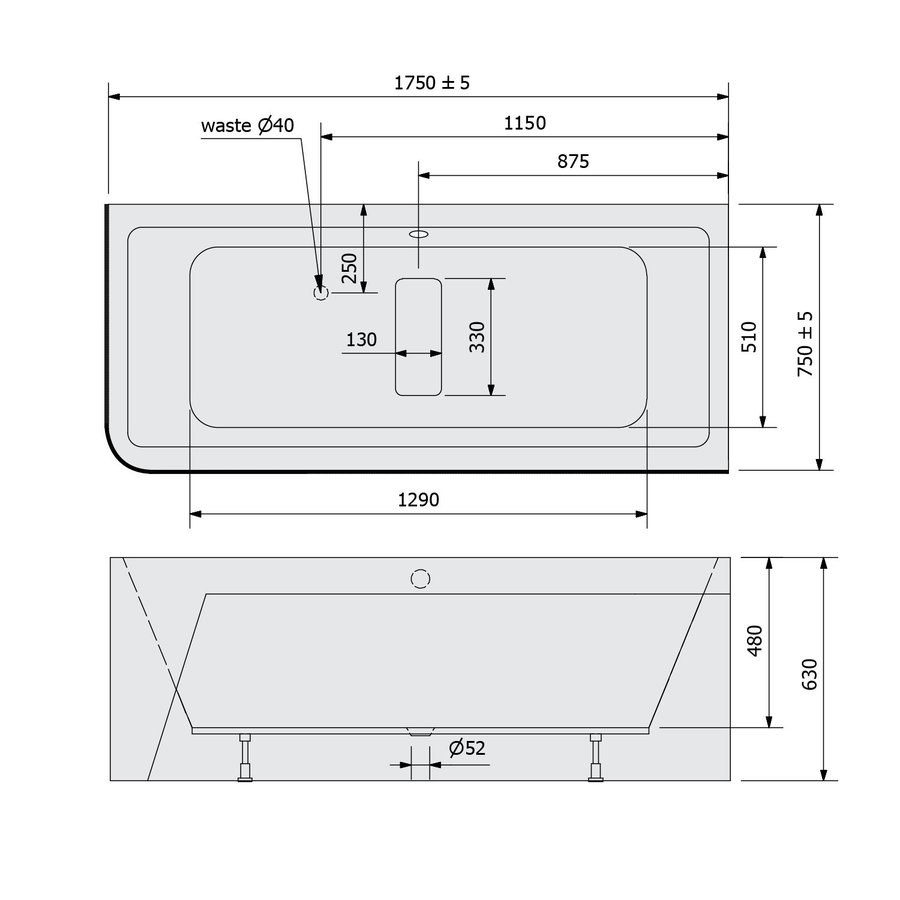 Ligbad Polysan Marlene 175x75x63 cm Asymmetrisch Rechts Wit