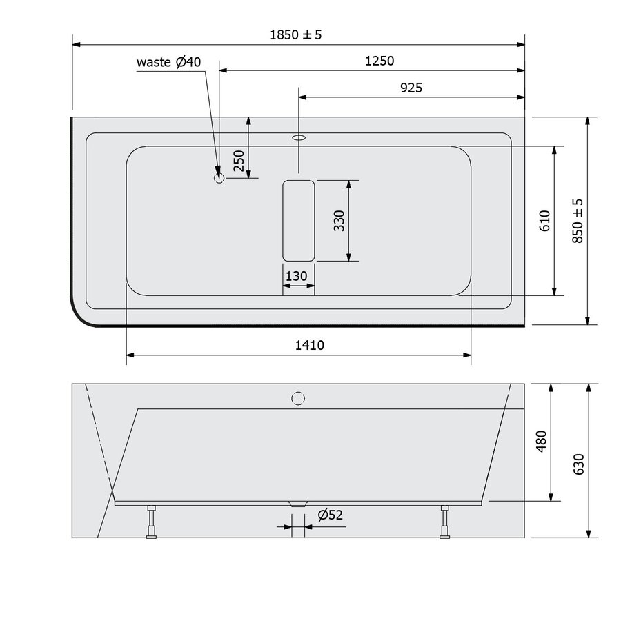 Ligbad Polysan Marlene 185x85x63 cm Asymmetrisch Rechts Wit