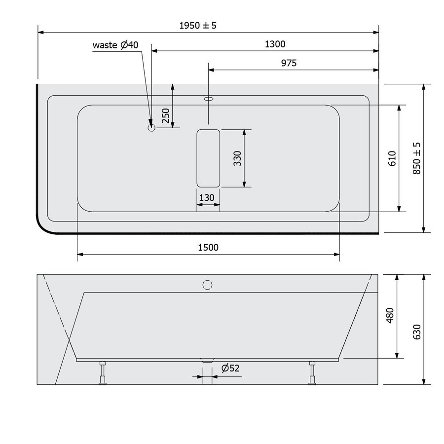 Ligbad Polysan Marlene 195x85x63 cm Asymmetrisch Rechts Wit