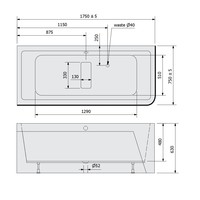 Ligbad Polysan Marlene 175x75x63 cm Asymmetrisch Links Zwart / Wit