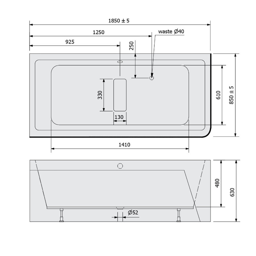 Ligbad Polysan Marlene 185x85x63 cm Asymmetrisch Links Zwart / Wit