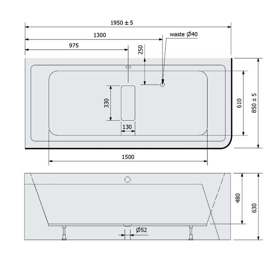 Ligbad Polysan Marlene 195x85x63 cm Asymmetrisch Links Zwart / Wit