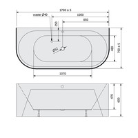 Ligbad Polysan Viva 170x75x60 cm Half Vrijstaand Zwart / Wit