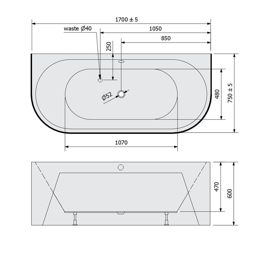 Ligbad Polysan Viva 170x75x60 cm Half Vrijstaand Zwart / Wit