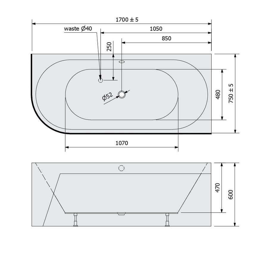 Ligbad Polysan Viva 170x75x60 cm Asymmetrisch Rechts Wit