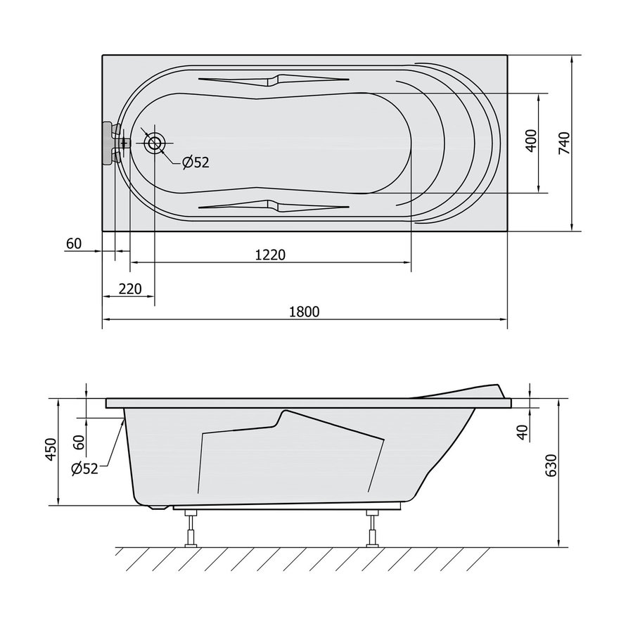 Ligbad Polysan Adriana 180x74x45 cm Acryl Wit