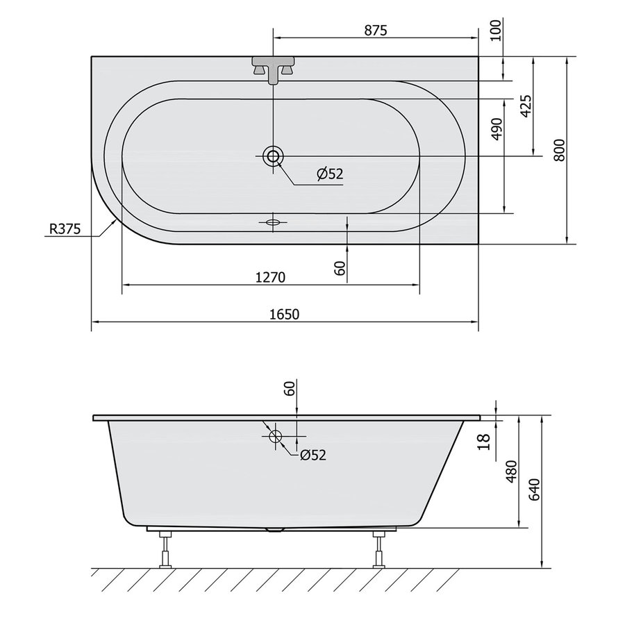 Ligbad Polysan Astra Slim Inbouw 165x80x48 cm Asymmetrisch Rechts Wit