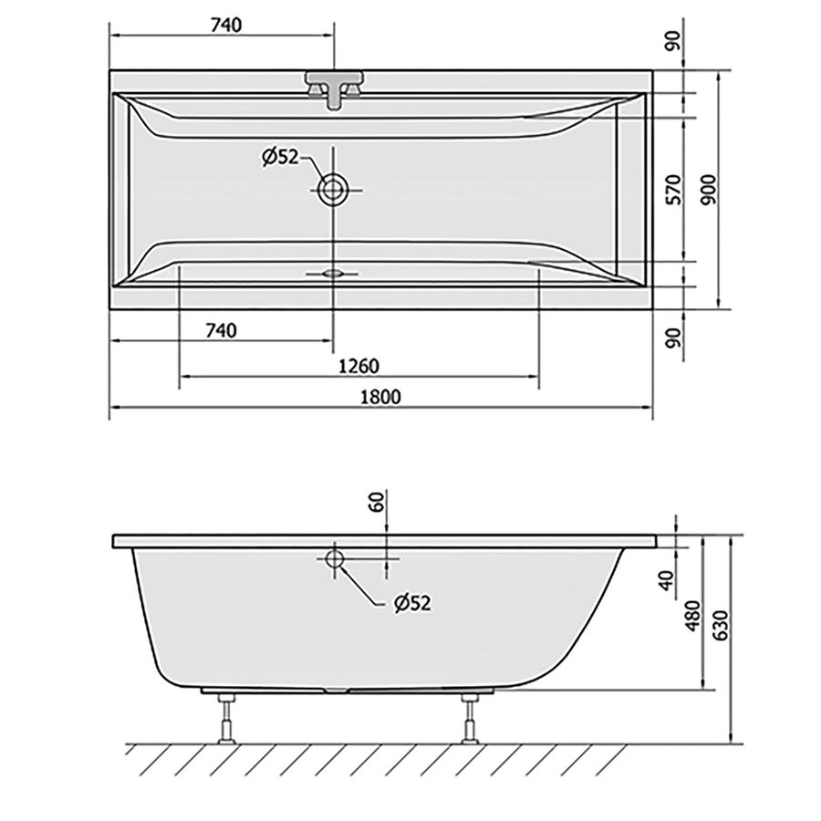 Ligbad Polysan Cleo Inbouw 180x90x48 cm Wit