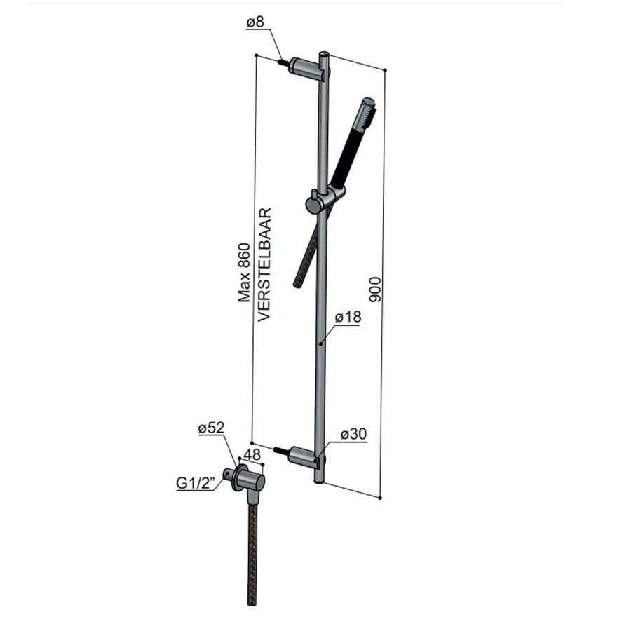 Glijstangset Hotbath Archie met Wanduitlaat Doucheslang 150 CM Staafhanddouche Geborsteld Messing PVD