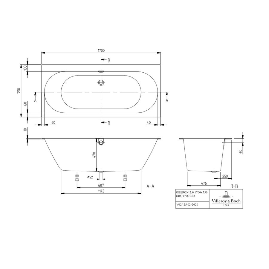 Ligbad Villeroy & Boch Oberon Duobad Quarel 170x75 Met Poten Inclusief Overloopcombinatie Wit Alpin