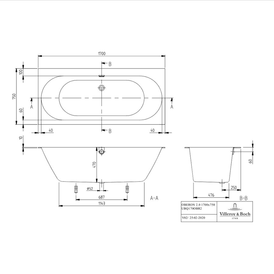 Ligbad Villeroy & Boch Oberon Duobad Quaryl 170 x 75 CM Met Poten Inclusief Overloopcombinatie Stone White