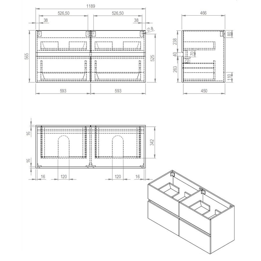 Onderkast Best Design Splash Grey Greeploos 120x58x47.5 cm 2 Softclose Laden Grijs Eiken