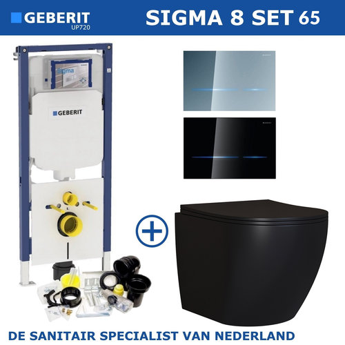 Geberit Sigma 8 (UP720) Toiletset set65 Mudo Rimless Mat Zwart Met Sigma 80 Drukplaat 