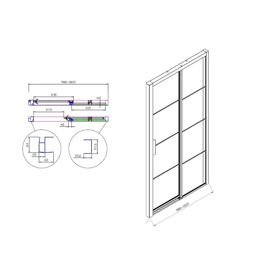 Douchedeur Boss & Wessing Black Edition Frame Softclose Rechts 100x200 cm Helder Glas Zwart