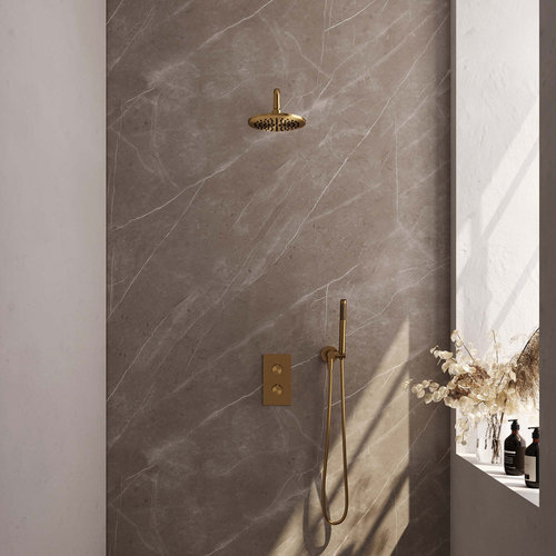 Regendoucheset Inbouw Brauer Gold Edition Thermostatisch 20cm met 3-Weg Omstelling, Gebogen Wandarm en Staaf Handdouche Geborsteld Goud 