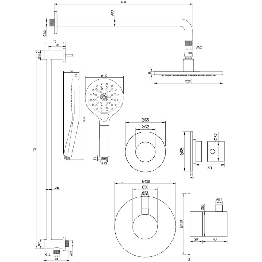 Inbouw Regendouche Set Brauer Copper Edition Gebogen Wanduitloop Ronde Hoofddouche 20 cm Met Twee Stopkranen Glijstang en Handdouche 3 Standen Koper