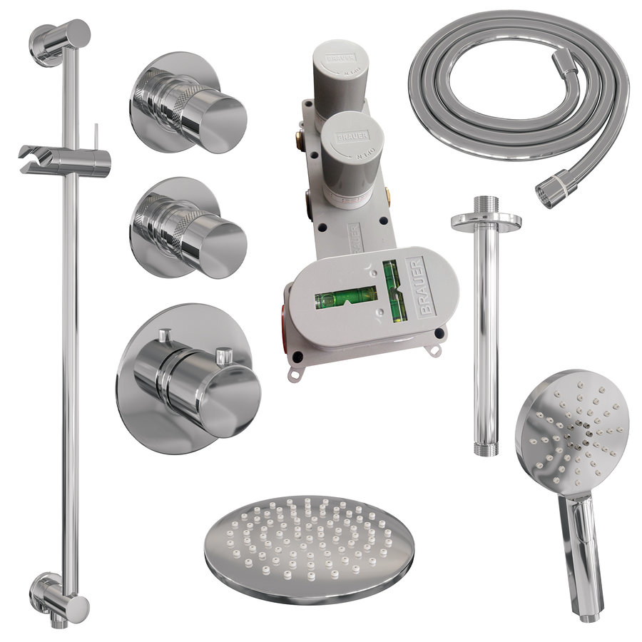 Regendoucheset Inbouw Brauer Chrome Edition Thermostatisch 30cm met Wandarm, Glijstang en Handdouche 3-Standen Losse Stopkranen Chroom