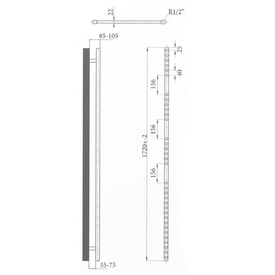 Elektrische Design Radiator Sanicare Plug & Play 172x45 cm Inox Look 596 Watt Met Zwarte Thermostaat En Bluetooth Links