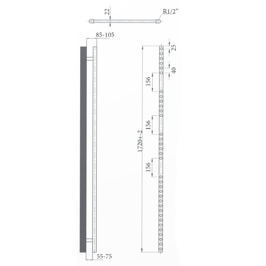 Elektrische Design Radiator Sanicare Plug & Play 172x60 cm Chroom 533 Watt Met Chroom Thermostaat En Bluetooth Links