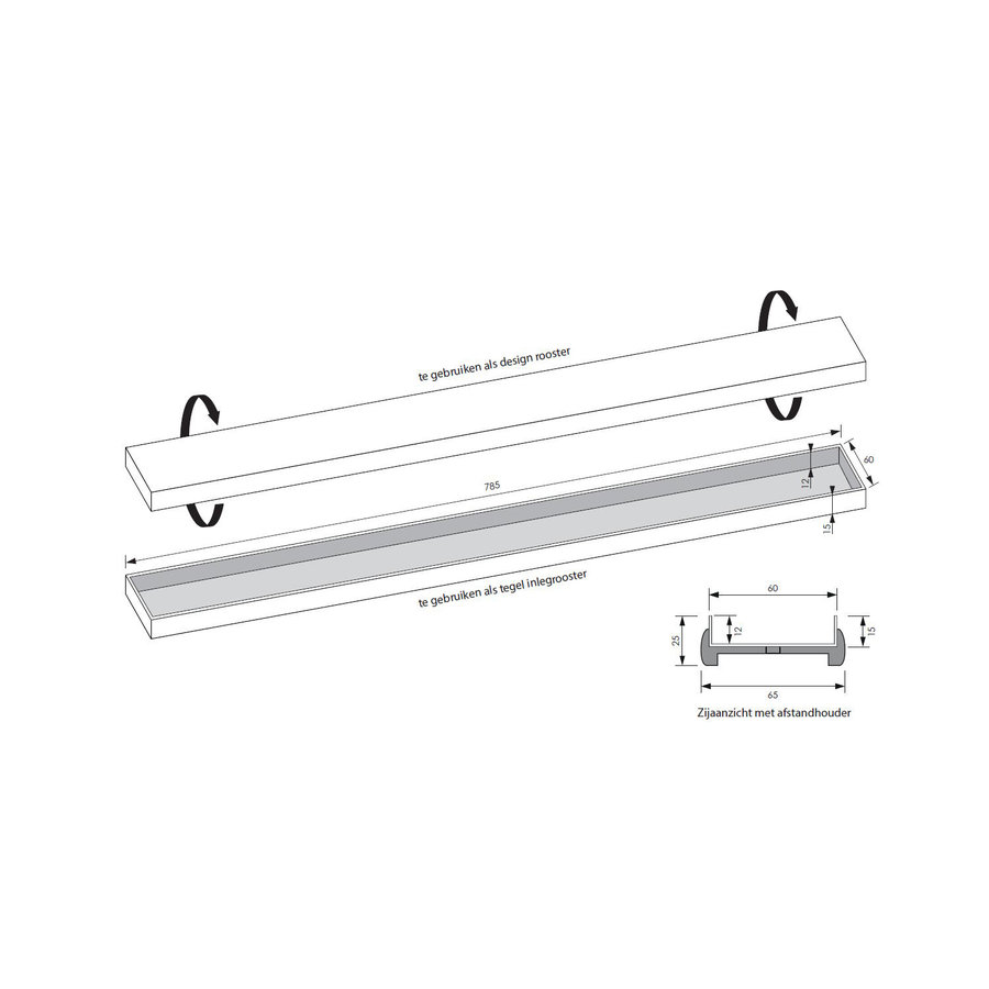 Tegelinlegrooster Brauer Gunmetal Edition Omkeerbaar tbv Douchegoot STD/W/PS 80x7 cm Inclusief Afstandhouders