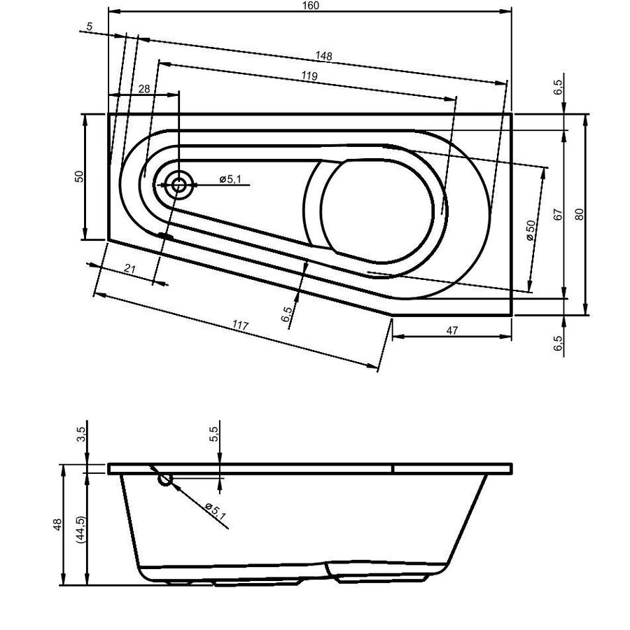 Hoekbad Delta 160X80X44 Cm Rechts/Links Wit