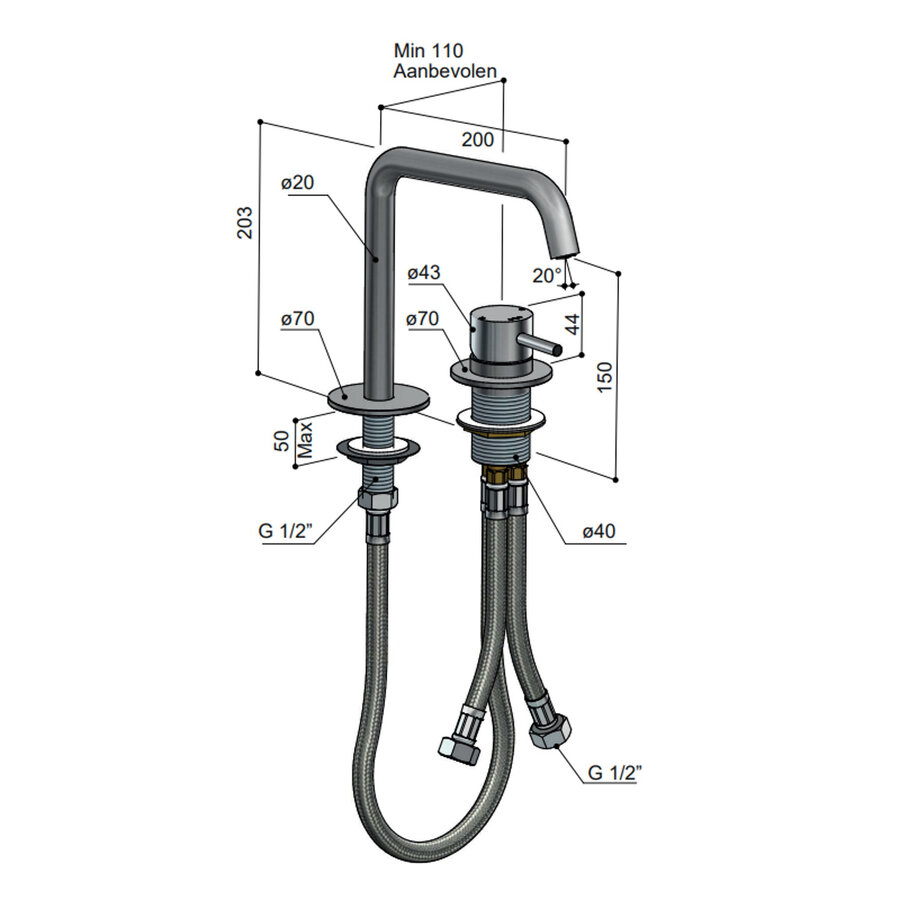 Wastafelmengkraan Hotbath Archie 2 Gats Zonder Waste RVS316