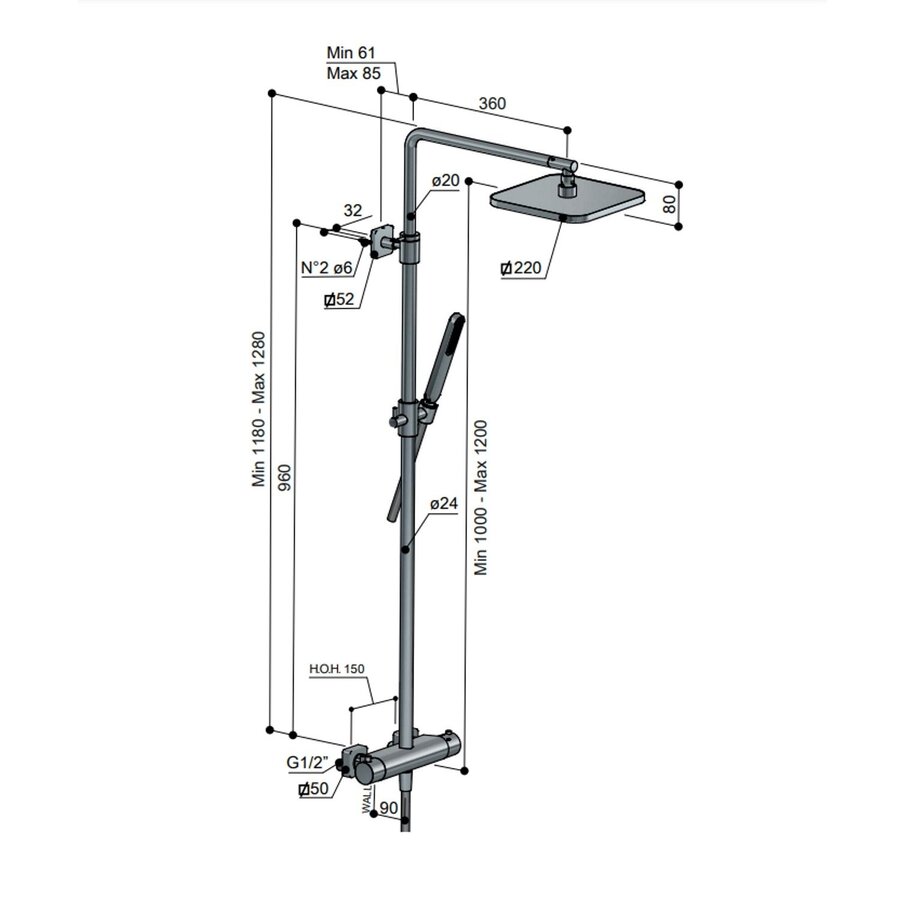 Thermostatische Stortdoucheset Hotbath Gal 128 cm Mat Zwart