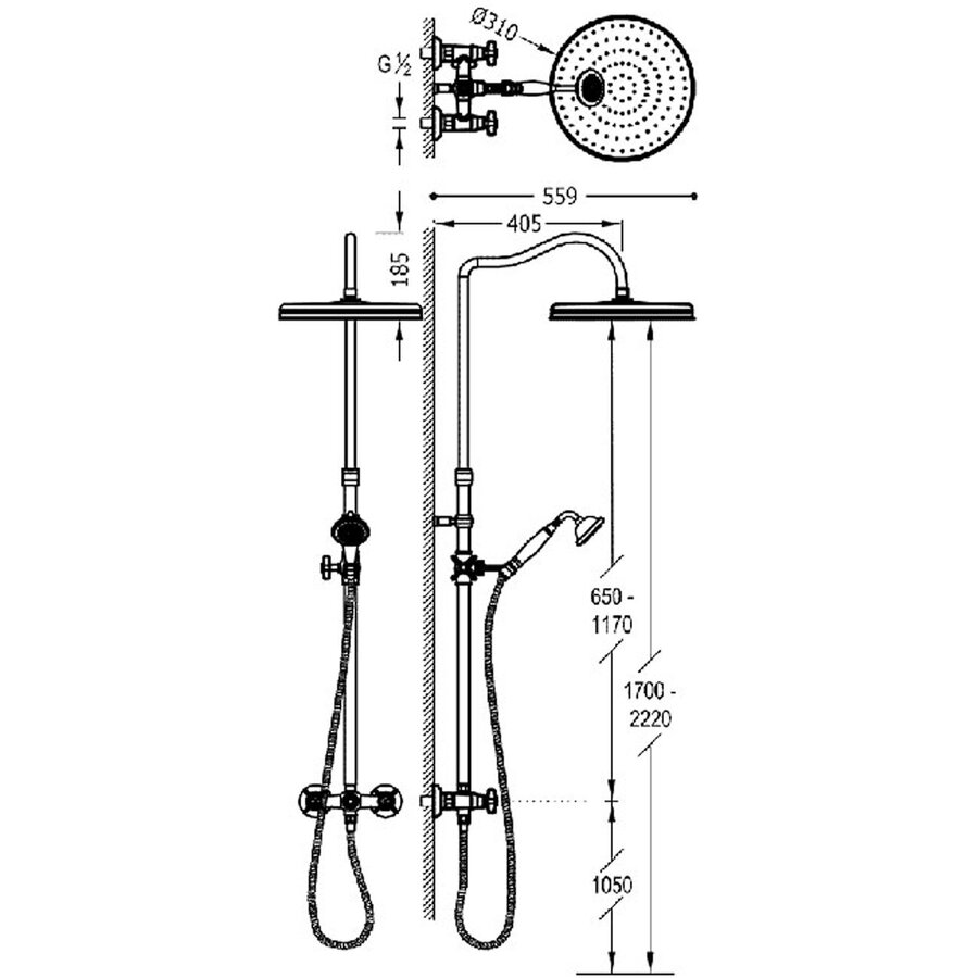 Doucheset Tres Classic Telescopische Glijstang Met Antikalk Handdouche Verouderd Messing Mat