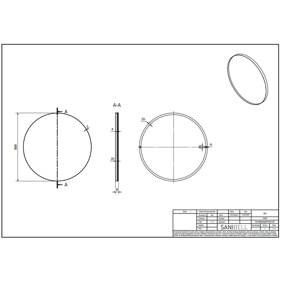 Ink Spiegel Rond Geborsteld Koper Aluminium Kader 80 x 3,5 cm