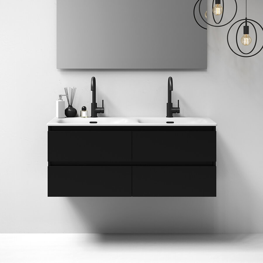 Meubelset Brauer Solution 120 Mat Zwart 4 Lades Met Wastafel Furiosa Glanzend Wit 2 Kraangaten