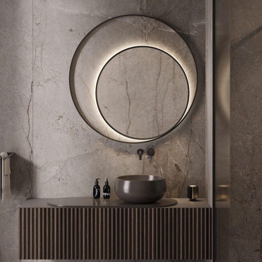 Designspiegel Martens & Meijer Athene Rond met Frame en Indirecte LED Verlichting 90 cm Geborsteld Koper