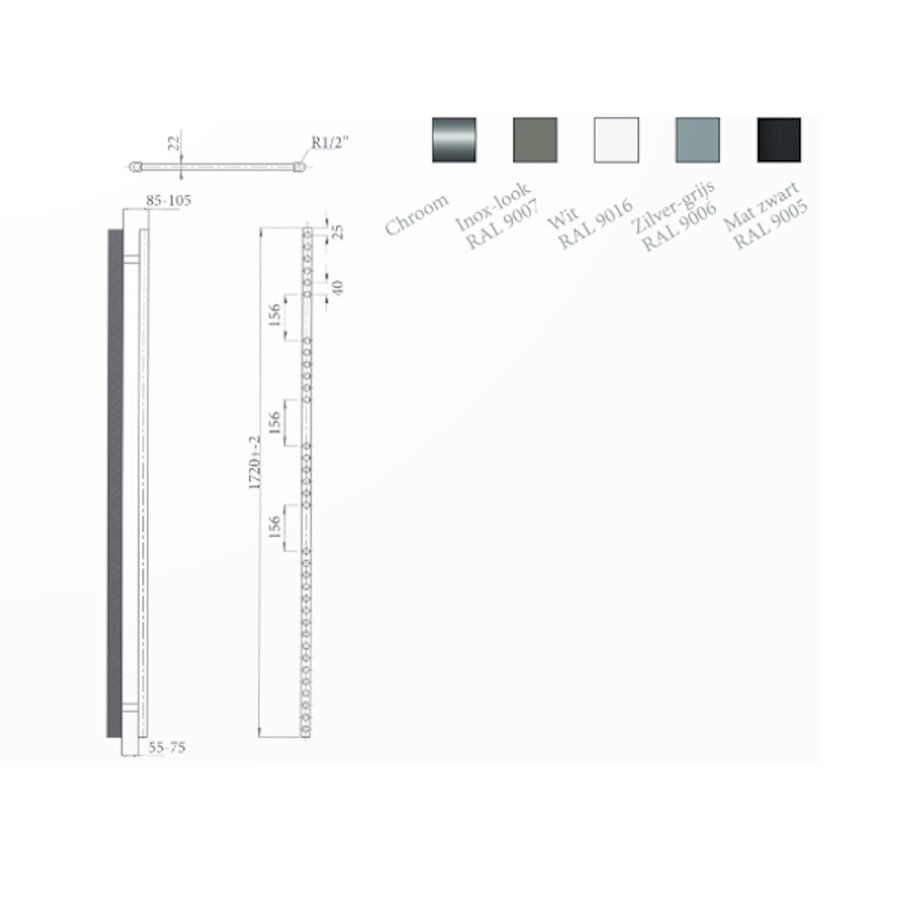 Radiator Sanicare Snode Met Wifi 172 x 45 cm Wit Met Thermostaat Chroom