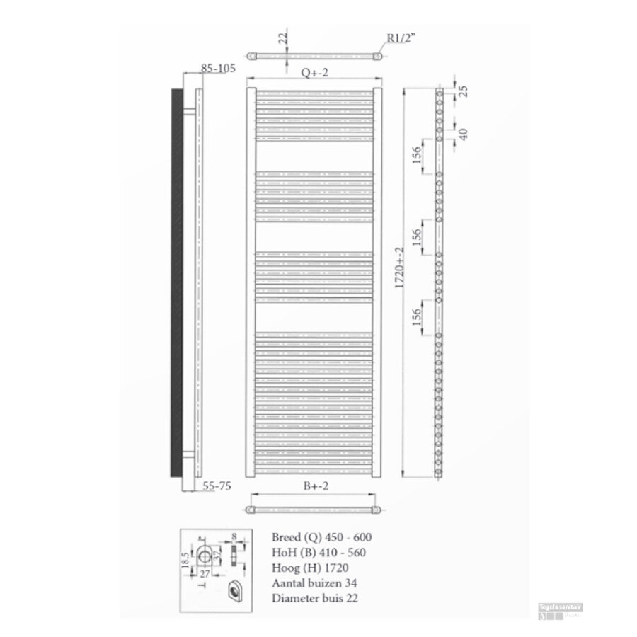 Radiator Sanicare Snode Met Wifi 172 x 45 cm Zilver Grijs Met Thermostaat Zwart
