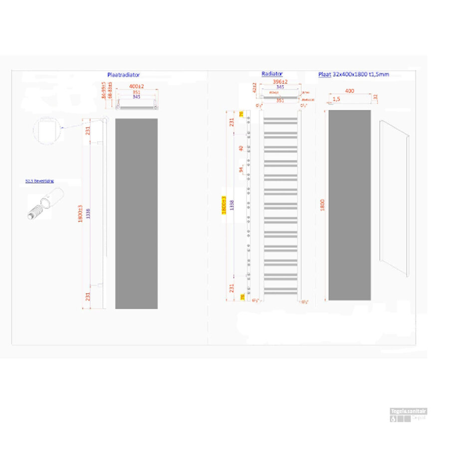 Radiator Sanicare Denso Met Bluetoorh 180 x 40 cm Mat Wit Met Thermostaat Zwart Linksonder