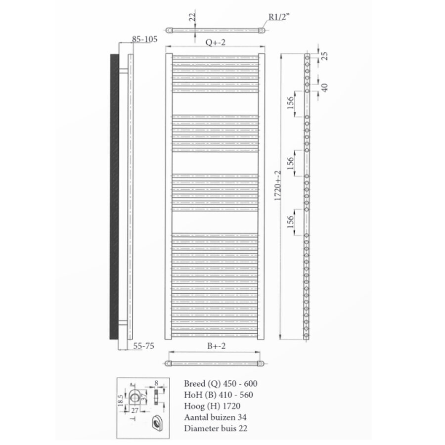 Radiator Sanicare Snode Met Wifi 172 x 60 cm Gunmetal Met Thermostaat Zwart