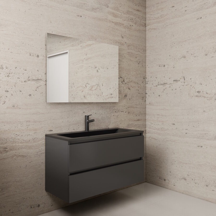 AKTIE! Badmeubel Boss & Wessing Paris 100 cm Mat Zwart Wastafel Compleet Hoogglans Antraciet (1 of 2 kraangaten)