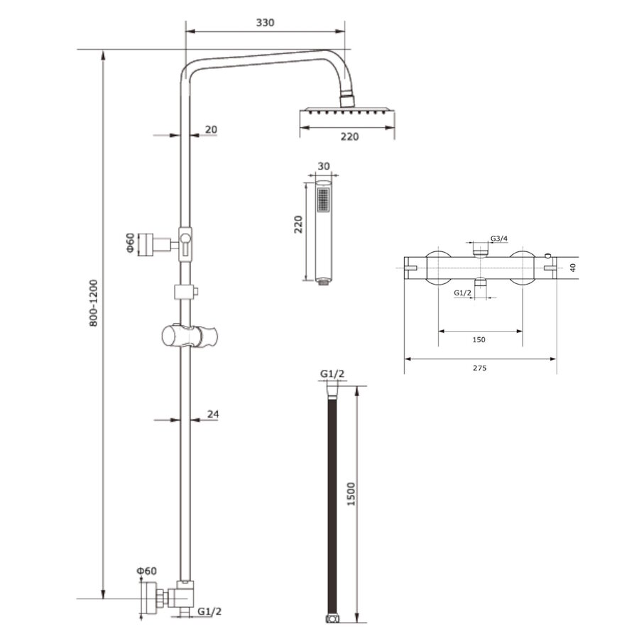 Opbouw Regendouche Set Boss & Wessing Colorato Thermostatisch Hoofddouche 20 cm Rond Mat Zwart