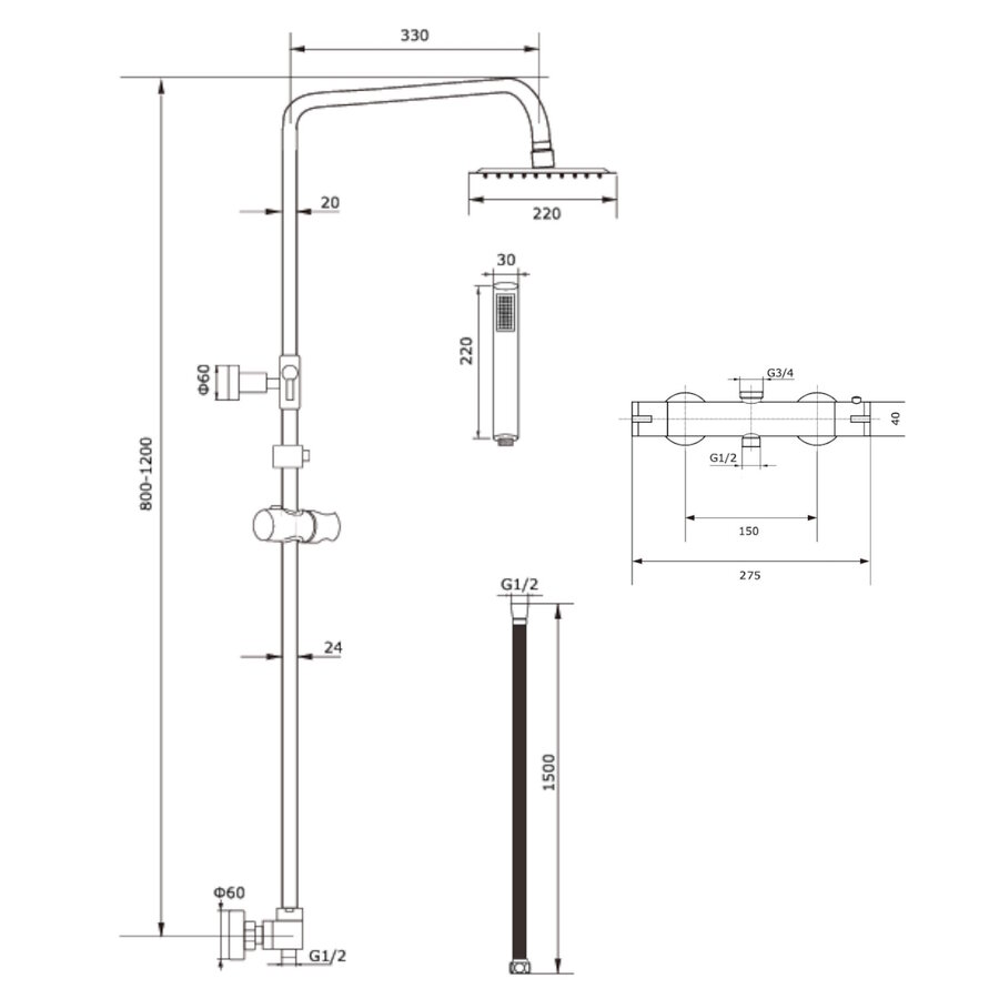 Opbouw Regendouche Set Boss & Wessing Lusso Thermostatisch Hoofddouche 30 cm Rond Mat Zwart