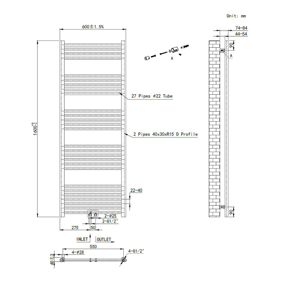 Handdoek Radiator BWS Cory 160x60 cm 557 Watt Midden en Zijaansluiting Geborsteld Koper Brons