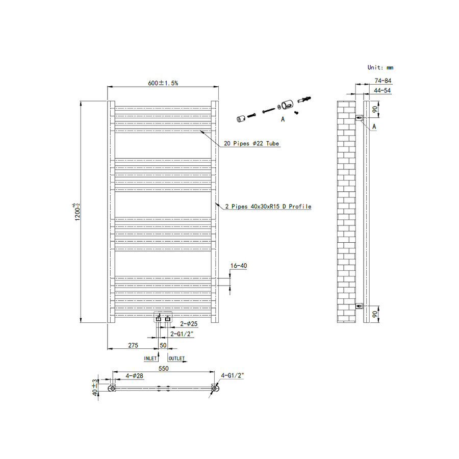 Handdoek Radiator BWS Cory 120x60 cm 414 Watt Midden en Zijaansluiting Gunmetal