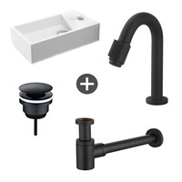 Fonteinpack Solid Surface Rechts Mat Wit 40x22x10 cm (Keuze uit 4 zwarte kranen)