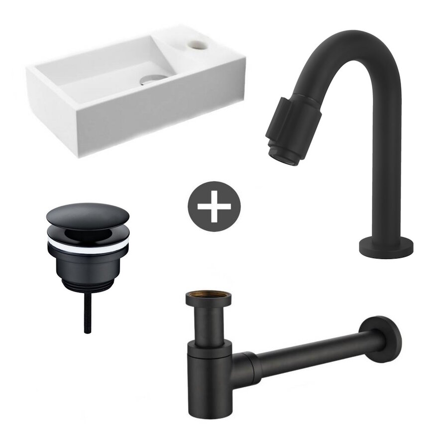 Fonteinpack Solid Surface Rechts Mat Wit 40x22x10 cm (Keuze uit 4 zwarte kranen)