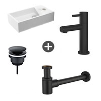 Fonteinpack Solid Surface Rechts Mat Wit 40x22x10 cm (Keuze uit 4 zwarte kranen)