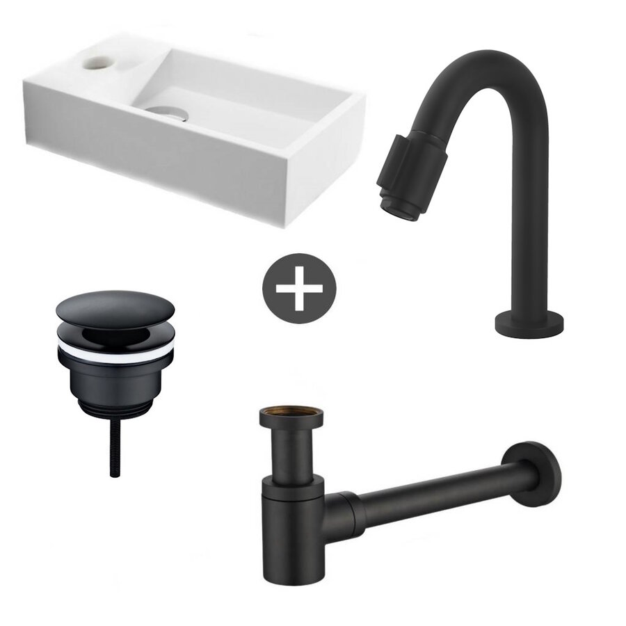 Fonteinpack Solid Surface Links Mat Wit 40x22x10 cm (Keuze uit 4 zwarte kranen)