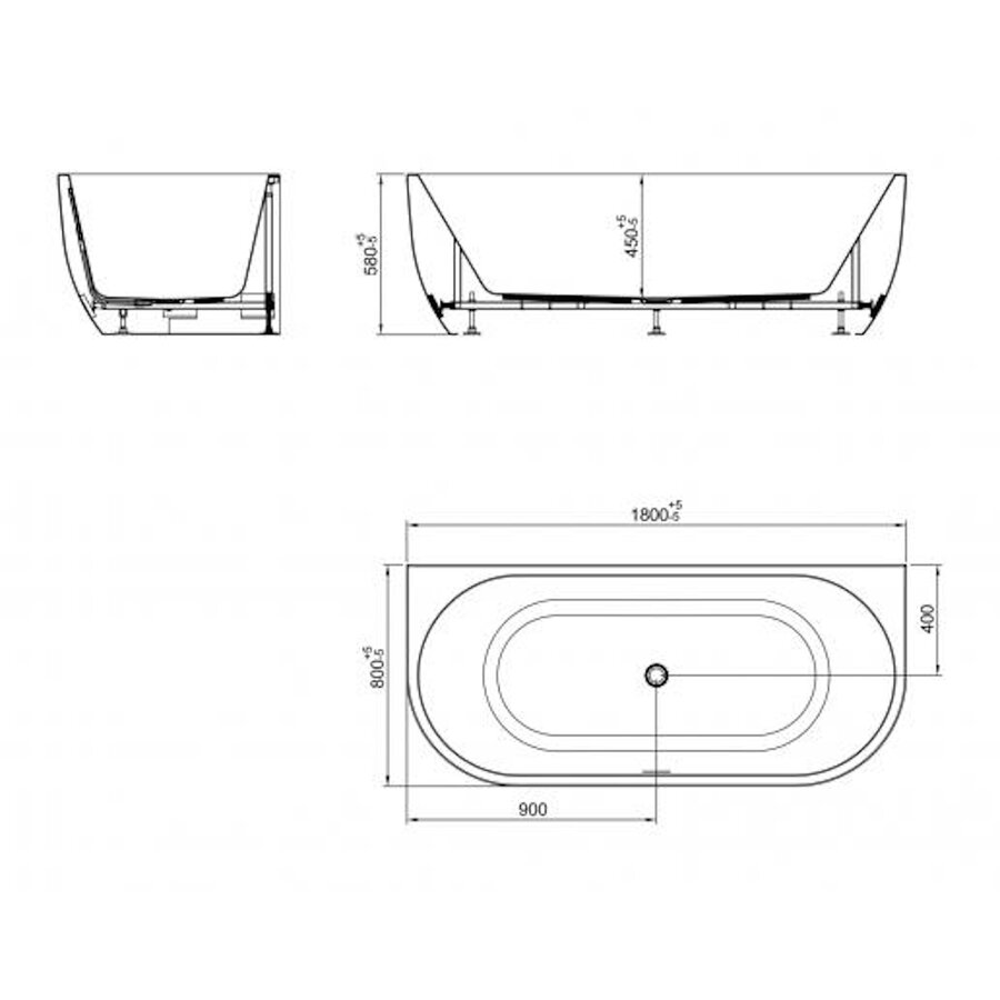 Half Vrijstaande Whirlpool Wiesbaden Zenn 180x80x58 cm Luchtsysteem Met RVS Jets Glans Wit